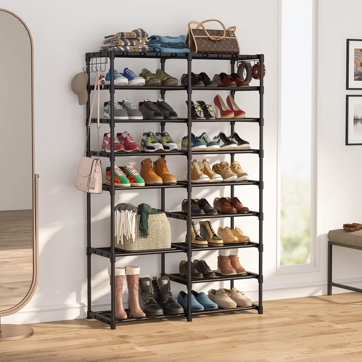 Black 9 Tiers Stackable Shoe Rack with 2 Hooks Y9711