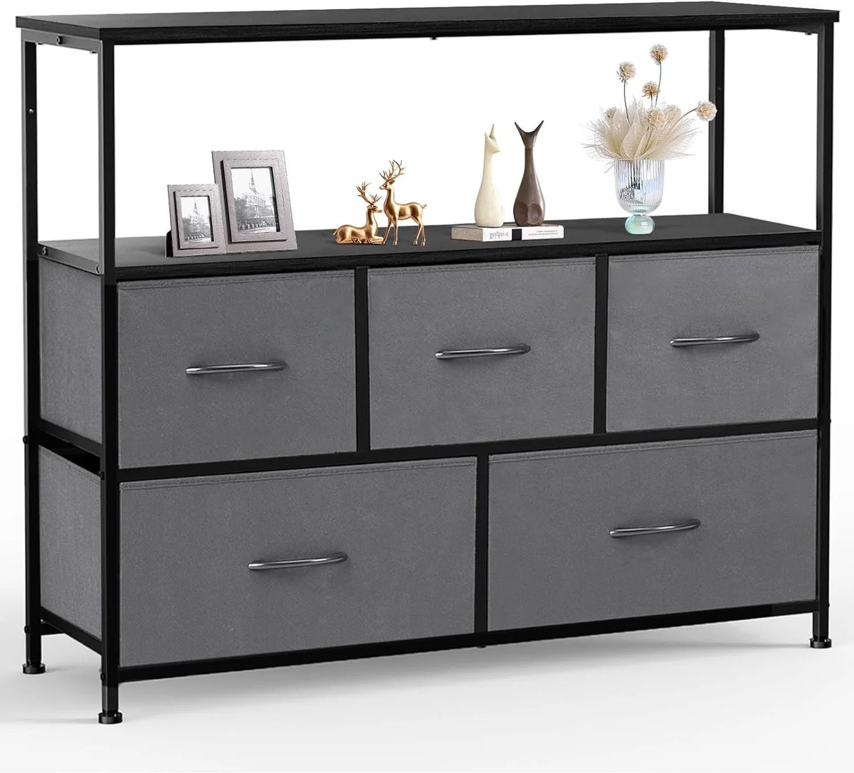 5 Fabric Drawer Dresser with Wood Top and Steel Frame K363