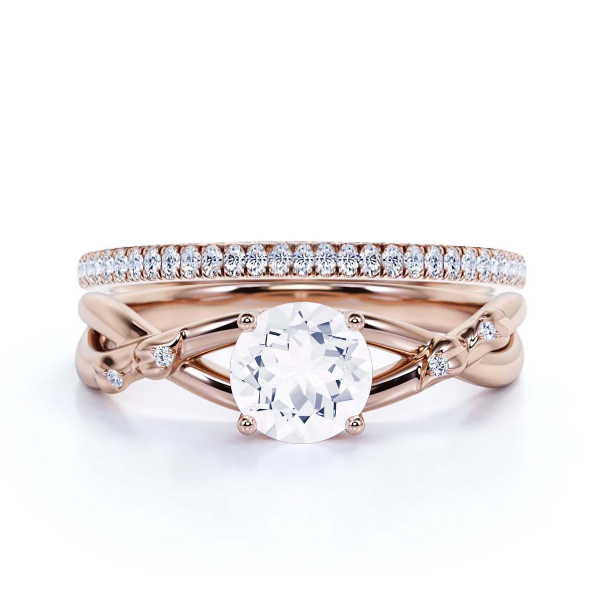 10k Solid Rose Gold Diamond Moissanite Engagement Ring with Matching Band O935484