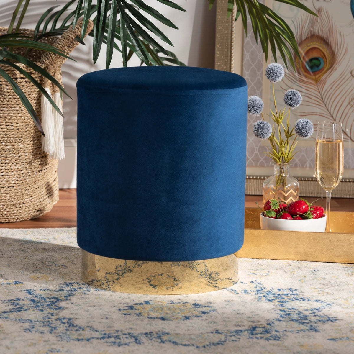 Navy Blue Velvet Upholstered Ottoman N95060