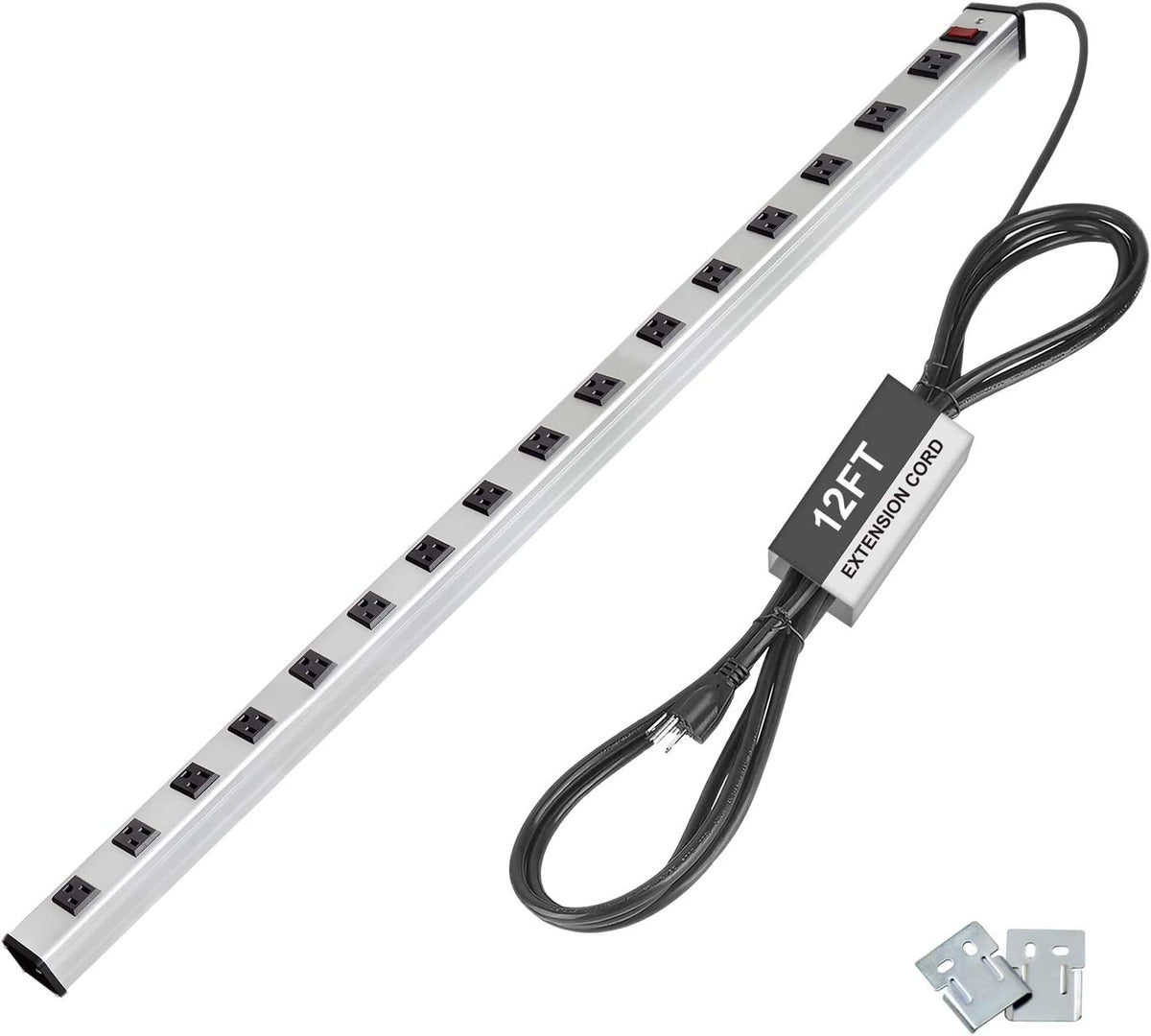16-Outlet Heavy Duty Metal Power Strip with 12ft Cord, Silver, Pack of 2 J2526