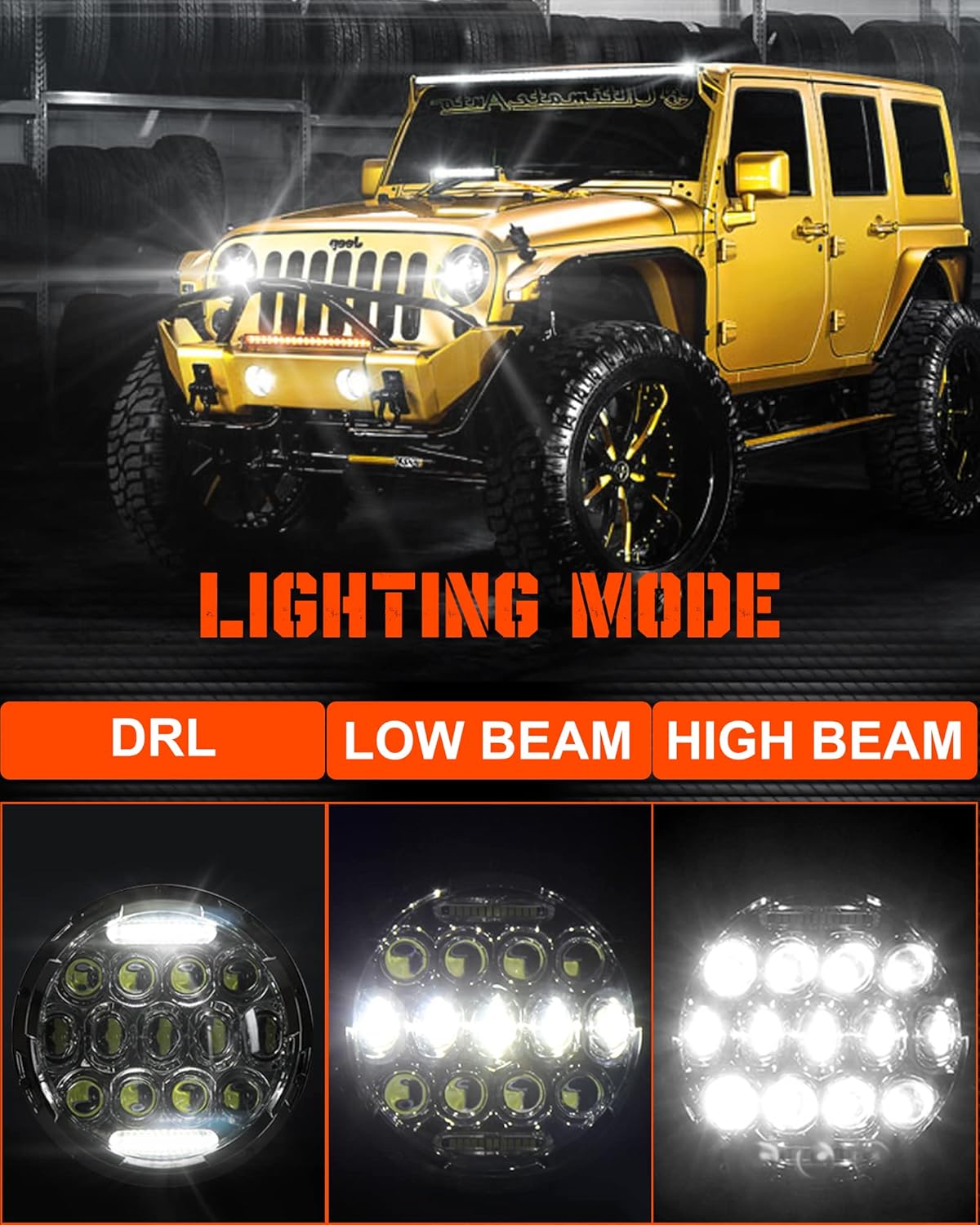 7 inch LED Headlight Round 2pcs White Amber DRL Hi/lo Beam M14813