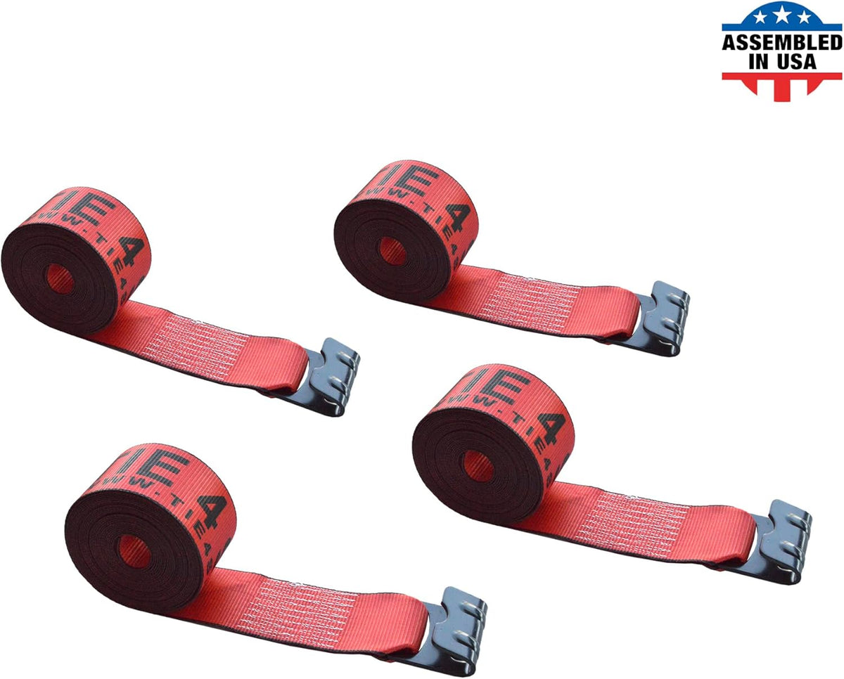 Green Tie Down Straps, Pack of 4, 4 x 60' Heavy Duty Winch Strap with Flat Hooks N25446